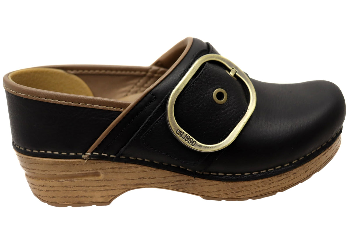 Dansko Womens Pearson Black Tumbled Comfortable Leather Clogs Shoes