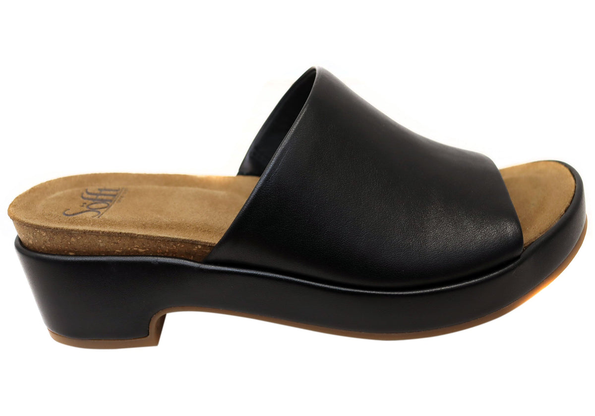 Sofft Cass Womens Leather Low Heel Slide Sandals With Comfortable Footbed