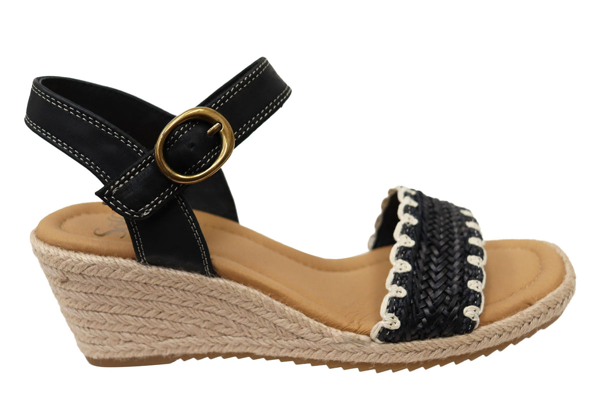 Sofft Inez Womens Leather Wedge Sandals With Comfortable Footbed